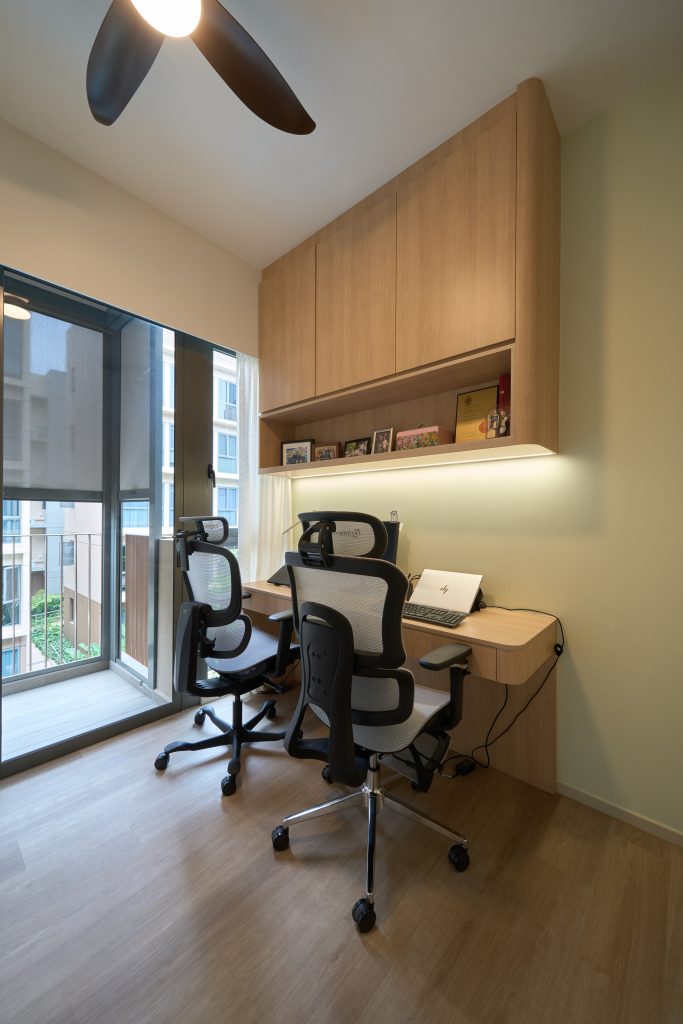 Condo renovation at 45 Canberra Drive Singapore with light oak carpentry and sage green walls by Interior Diary